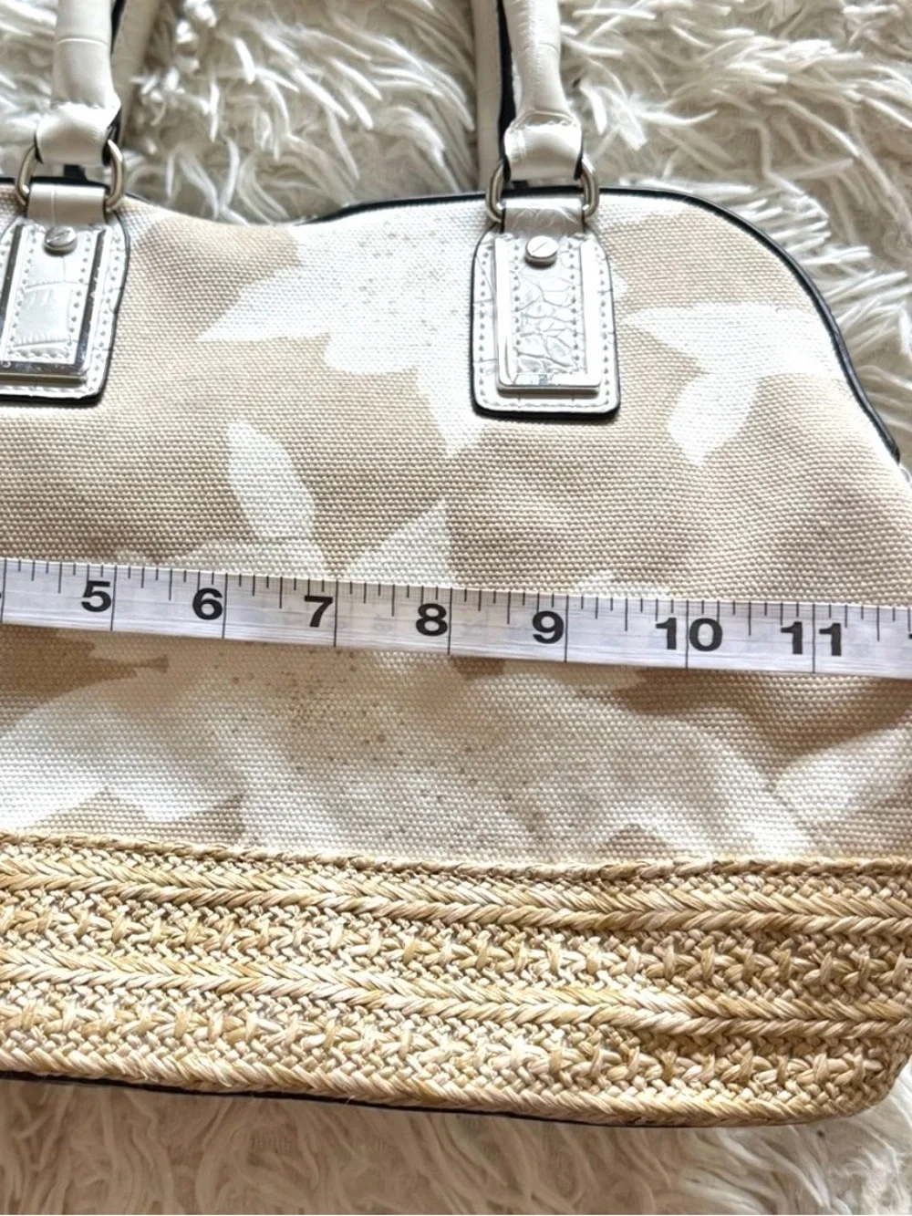Beige Floral Canvas & Straw Tote Bag - Lightweight Everyday Handbag